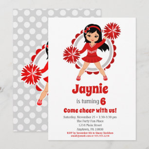 Red Cheerleader Black Hair Girls Cheer Birthday Invitation