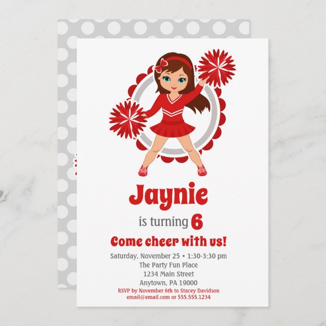 Red Cheerleader - Brunette Girls Cheer Birthday Invitation (Front/Back)