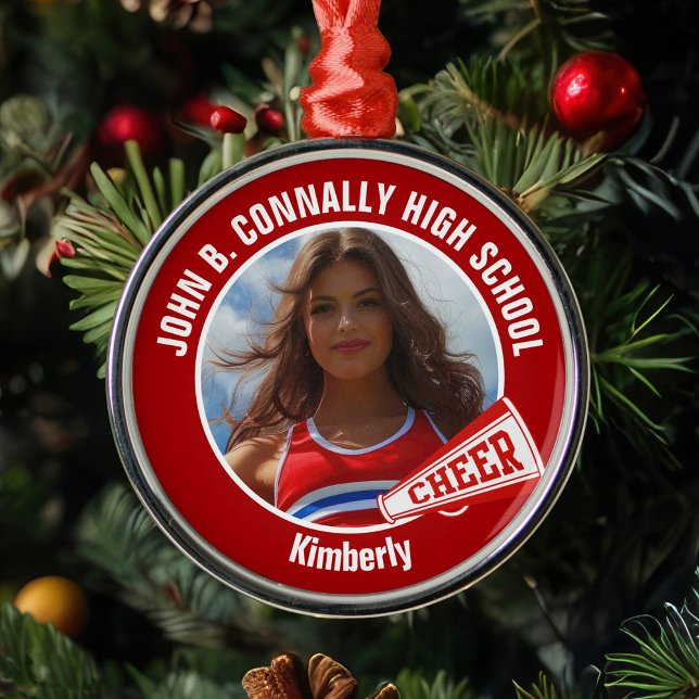 Red Cheerleader Photo High School Christmas Metal Ornament (Creator Uploaded)
