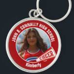 Red Cheerleader Photo High School Spirit Key Ring<br><div class="desc">This cool customised high school cheerleader photo gift features white typography of your team and player name on a red keychain with a cheer megaphone. Personalise with your student's photograph and class year as a proud cheerleading parent. A great gift for a mum or dad.</div>