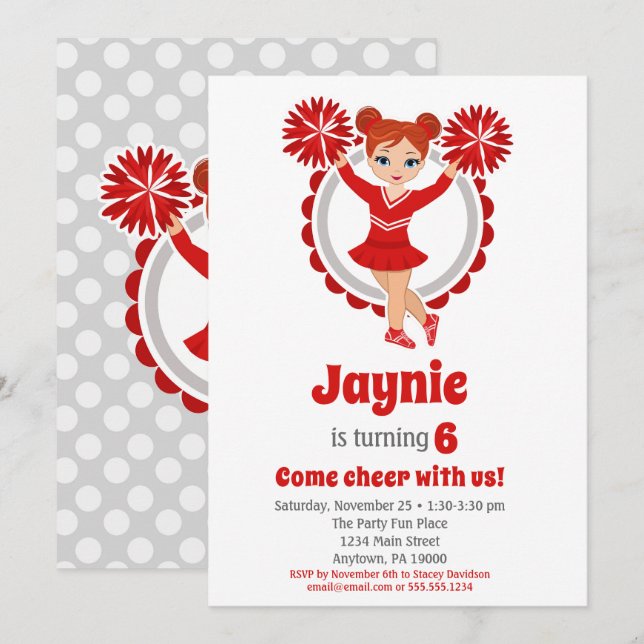 Red Cheerleader - Redhead Girls Cheer Birthday Invitation (Front/Back)