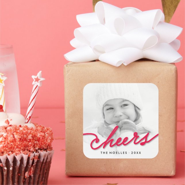 Red Cheers Calligraphy Script Modern Photo Holiday Square Sticker (Party)