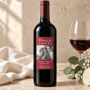 Red Cheers to Love Wedding Photo Wine Bottle Favou Rectangular Sticker