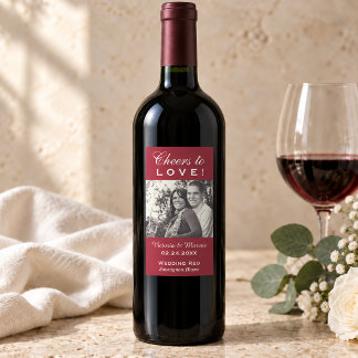 Red Cheers to Love Wedding Photo Wine Bottle Favou Rectangular Sticker