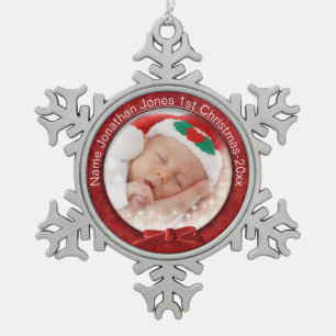 Red Chenille Circular Photo Frame Template Snowflake Pewter Christmas Ornament