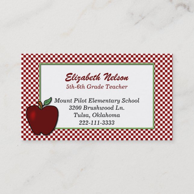 Red Chequerboard and Apple Teacher's business card (Front)