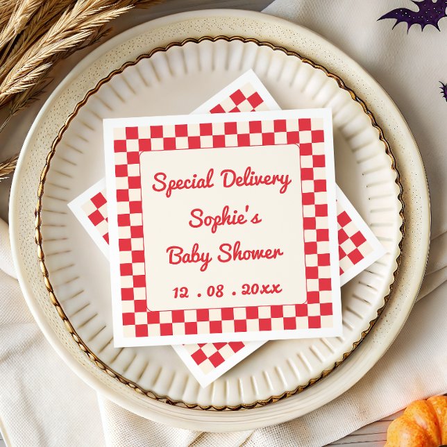 Red Chequerboard Special Delivery Baby Shower Napkin (Creator Uploaded)