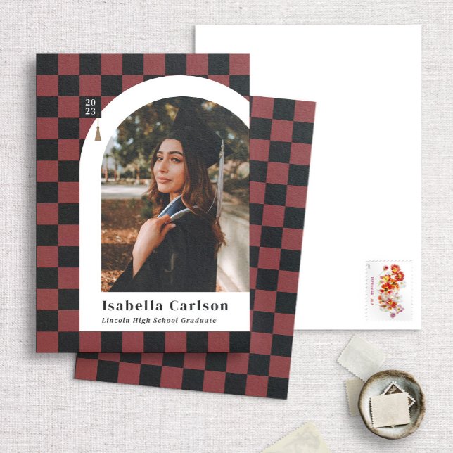 Red Chequered Arch Unique Photo Graduation Announcement (Creator Uploaded)