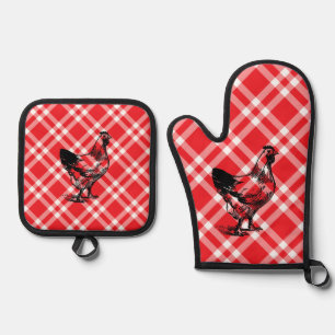 Red Chequered Chicken  Oven Mitt & Pot Holder Set