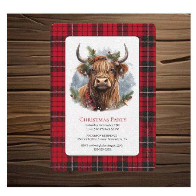Red Chequered Christmas Highlander Cow Invitation (Christmas Highlander lovely  endearing cow)