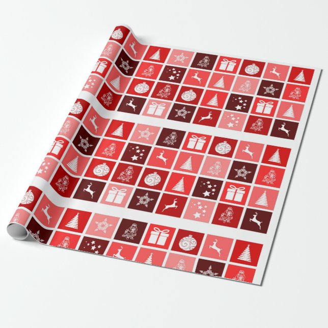 Red Chequered Christmas Pattern Wrapping Paper (Unrolled)