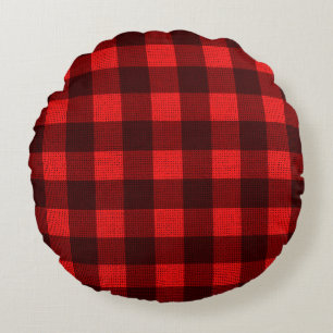 Red Chequered Fabric Background Texture Round Cushion