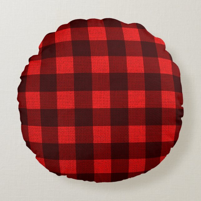 Red Chequered Fabric Background Texture Round Cushion (Front)