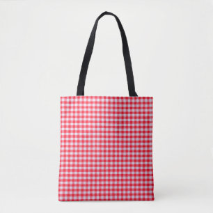 Red chequered fabric closeup , tablecloth texture tote bag