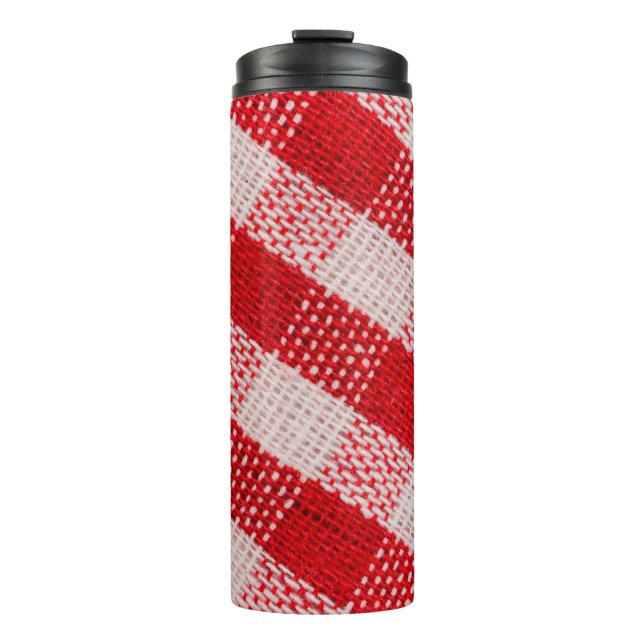 Red chequered fabric tablecloth pattern texture ba thermal tumbler (Front)