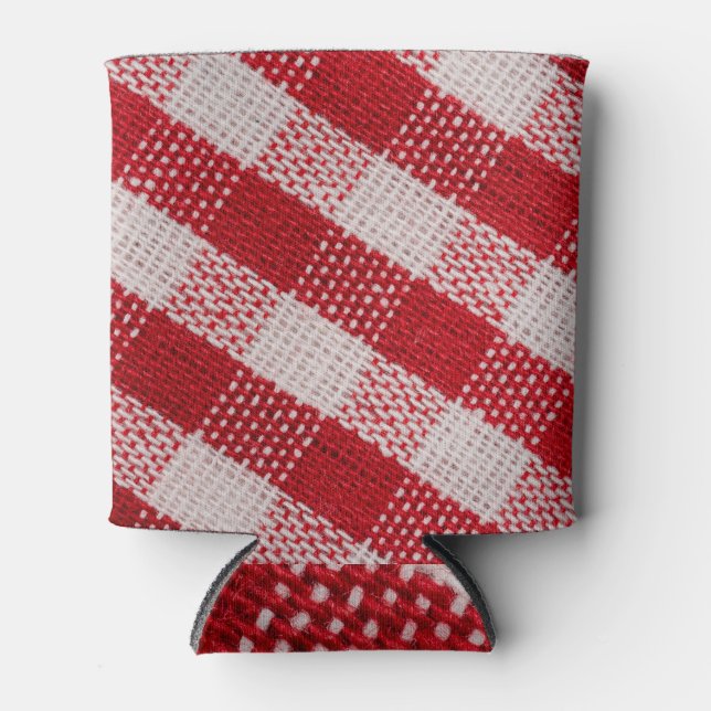 Red chequered: fabric tablecloth texture. can cooler (Front)