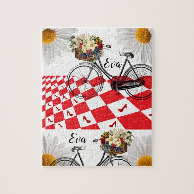 Red Chequered Floral Bike Jigsaw Puzzle Daisy (Vertical)