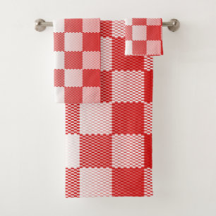 Red Chequered Geometric Bath Towel Set