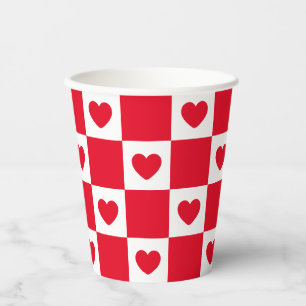 Red Chequered Heart Pattern Paper Cups