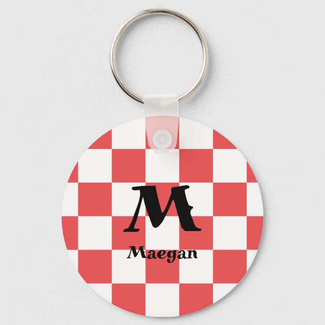 Red Chequered Pattern Background Keychain (Front)