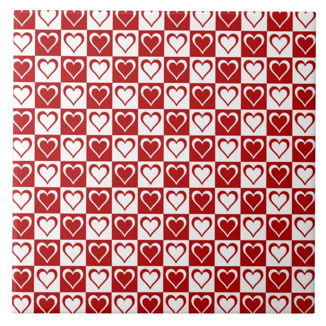 Red Chequered pattern with Hearts Ceramic Tile (Front)
