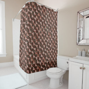 Red chequered squares subjected to weird mosaic shower curtain