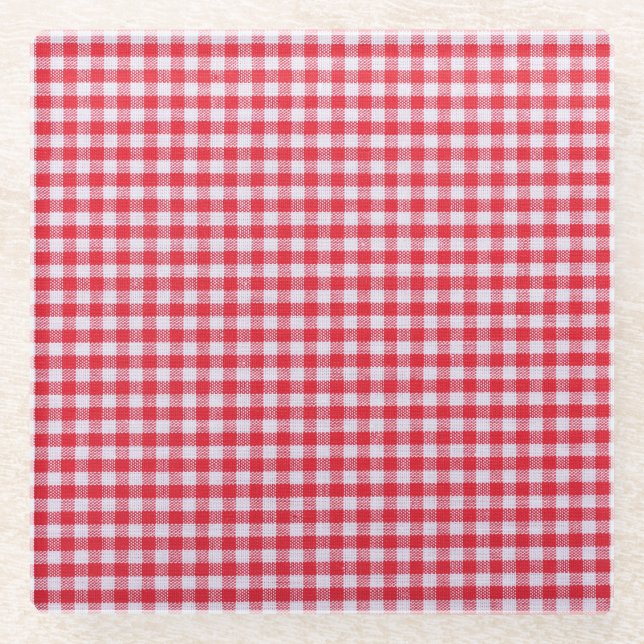 Red Chequered Tablecloth Close-Up. Glass Coaster (Front)
