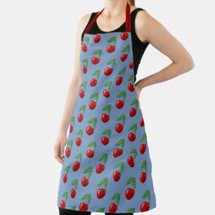 Red Cherries All Over Graphic Pattern Blue Apron