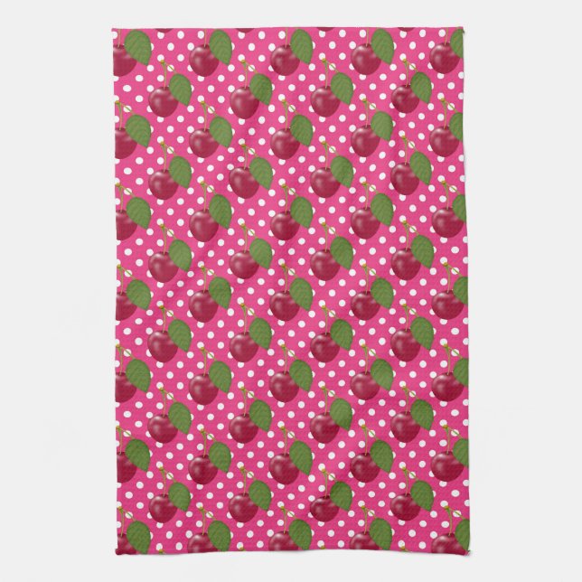 Red Cherries and Dots Pattern Cute Tea Towel (Vertical)