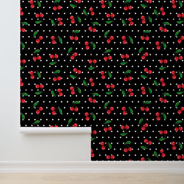 Red Cherries and Polka Dots Rockabilly Patterned Wallpaper (Application)