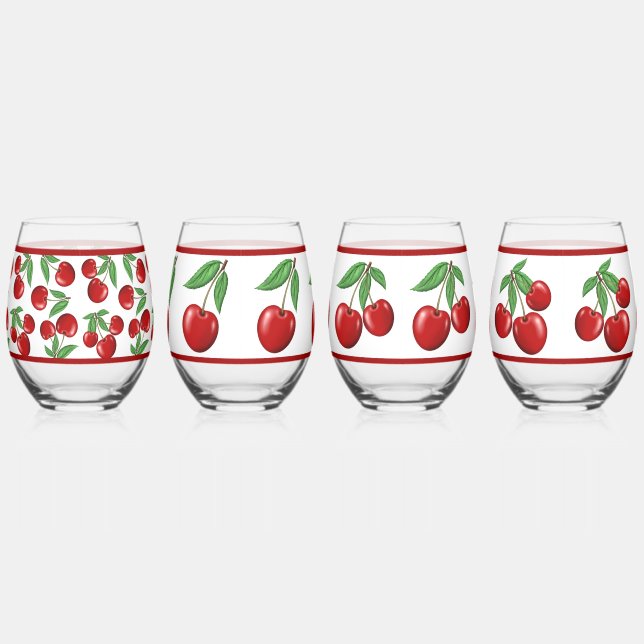 Red Cherries Assorted Patterns Stemless Wine Glass (Right)