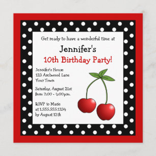 Red Cherries Birthday Black & White Polka Dots Invitation