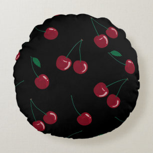Red Cherries Black Round Accent Pillow