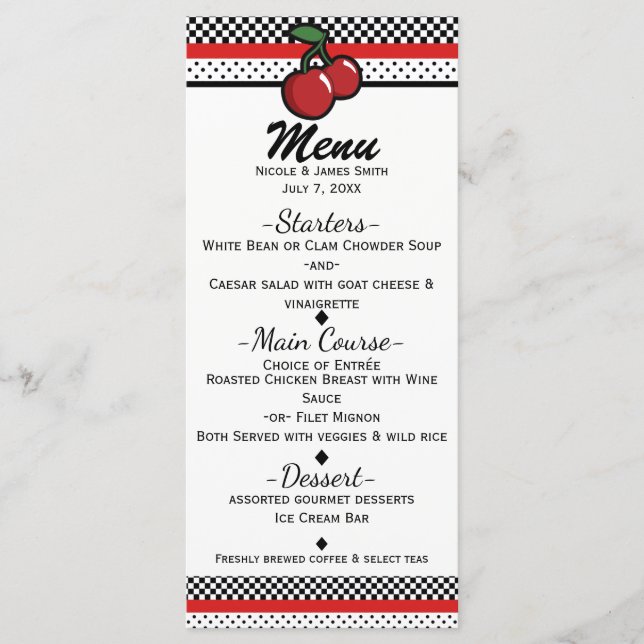 Red Cherries Black & White Custom Invitation Menu (Front)