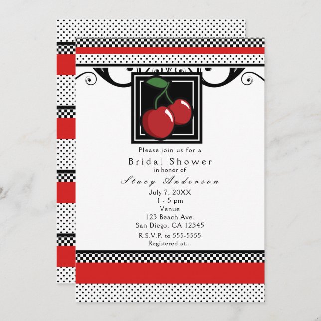 Red Cherries Black White & Red Invitations (Front/Back)