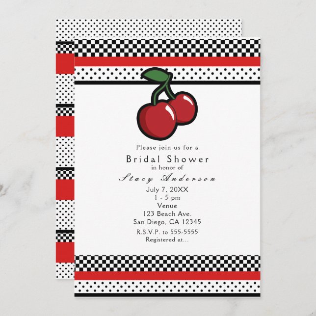 Red Cherries Black White & Red Invitations (Front/Back)