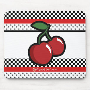 Red Cherries Black White Red Retro Personalised Mouse Pad
