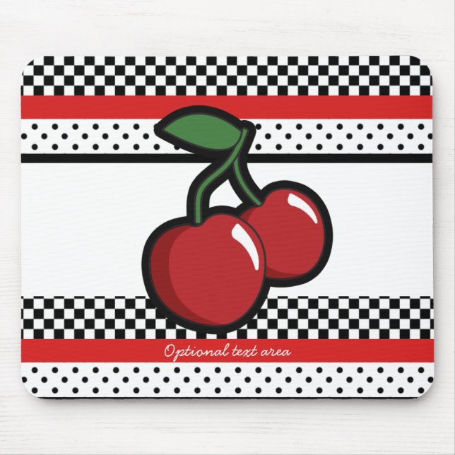 Red Cherries Black White Red Retro Personalised Mouse Pad (Front)