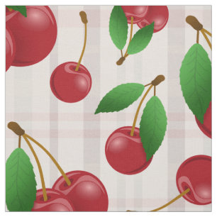 red cherries fruit pattern on faded pastel plaid fabric