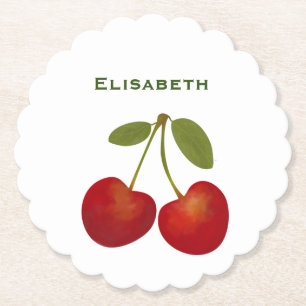 Red cherries fruit personalise name paper coaster