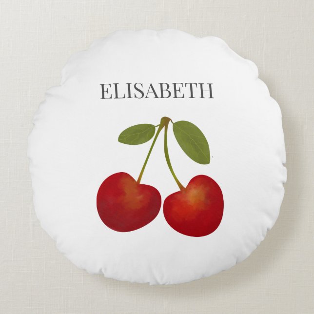 Red Cherries Fruit Personalised Name Round Cushion (Front)