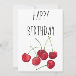 Red Cherries Fruit Watercolor Sweet Happy Birthday Invitation