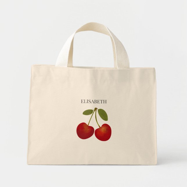 Red Cherries Fruits Personalise Name Custom Mini Tote Bag (Front)