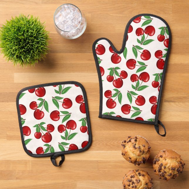 Red Cherries Graphic All Over Oven Mitt & Pot Holder Set (Top Down)