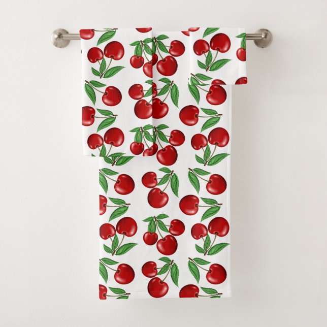 Red Cherries Graphic All Over Pattern Bath Towel Set (Insitu)