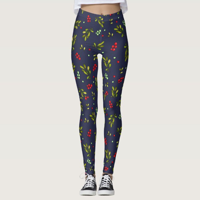 Red Cherries Green Leaves Modern Pattern Leggings (Front)
