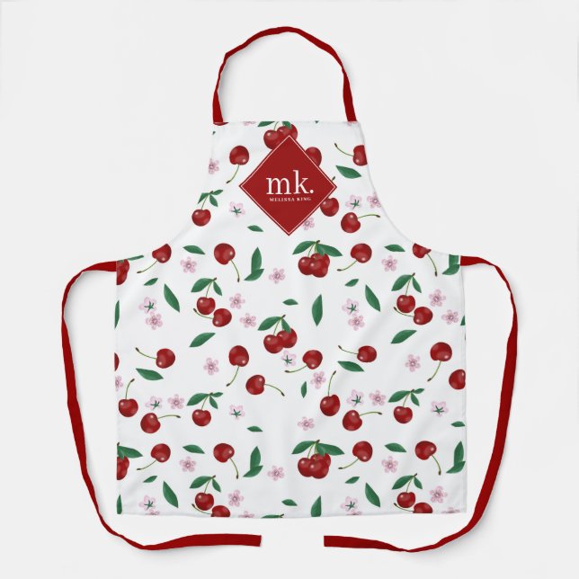 Red Cherries Greenery & Cherry Blossoms Monogram Apron (Front)