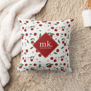 Red Cherries Greenery & Cherry Blossoms Monogram Cushion