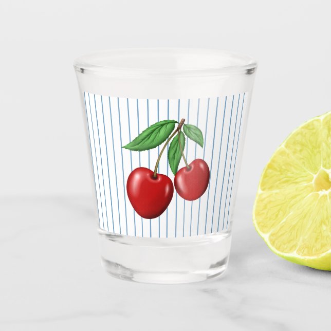 Red Cherries on Blue Striped Pattern Shot Glass (Front)
