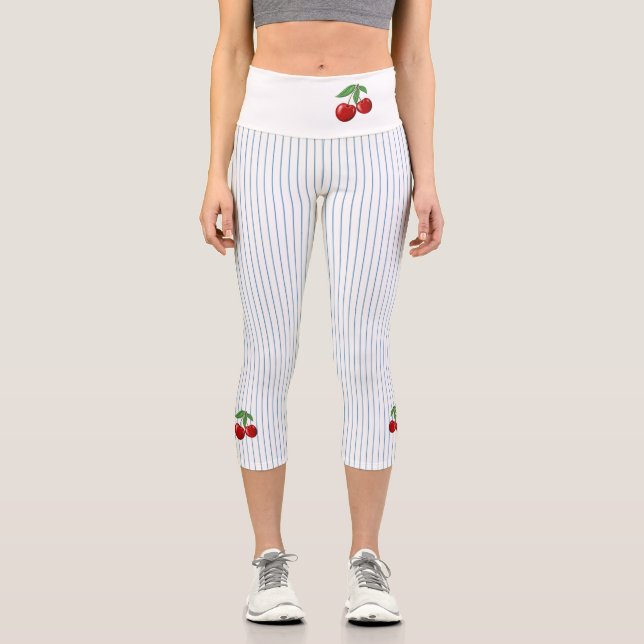 Red Cherries on Blue Stripes Custom Capri Leggings (Front)